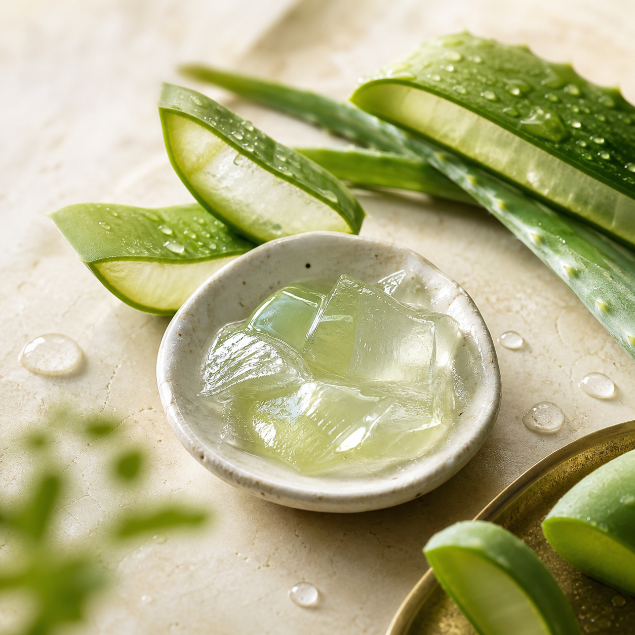 Fresh aloe vera gel and leaves on a stone surface