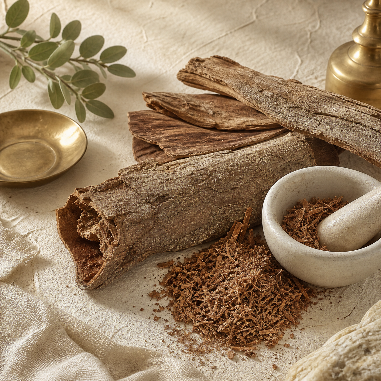 Banyan bark pieces with a ceramic mortar and brass bowl