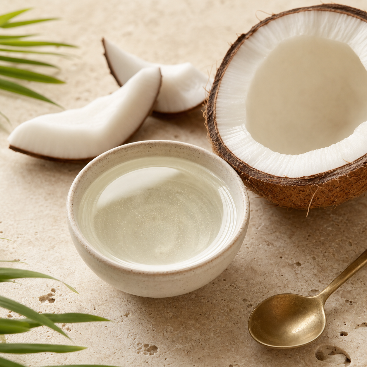 Cold-pressed coconut oil in a ceramic bowl with coconut pieces