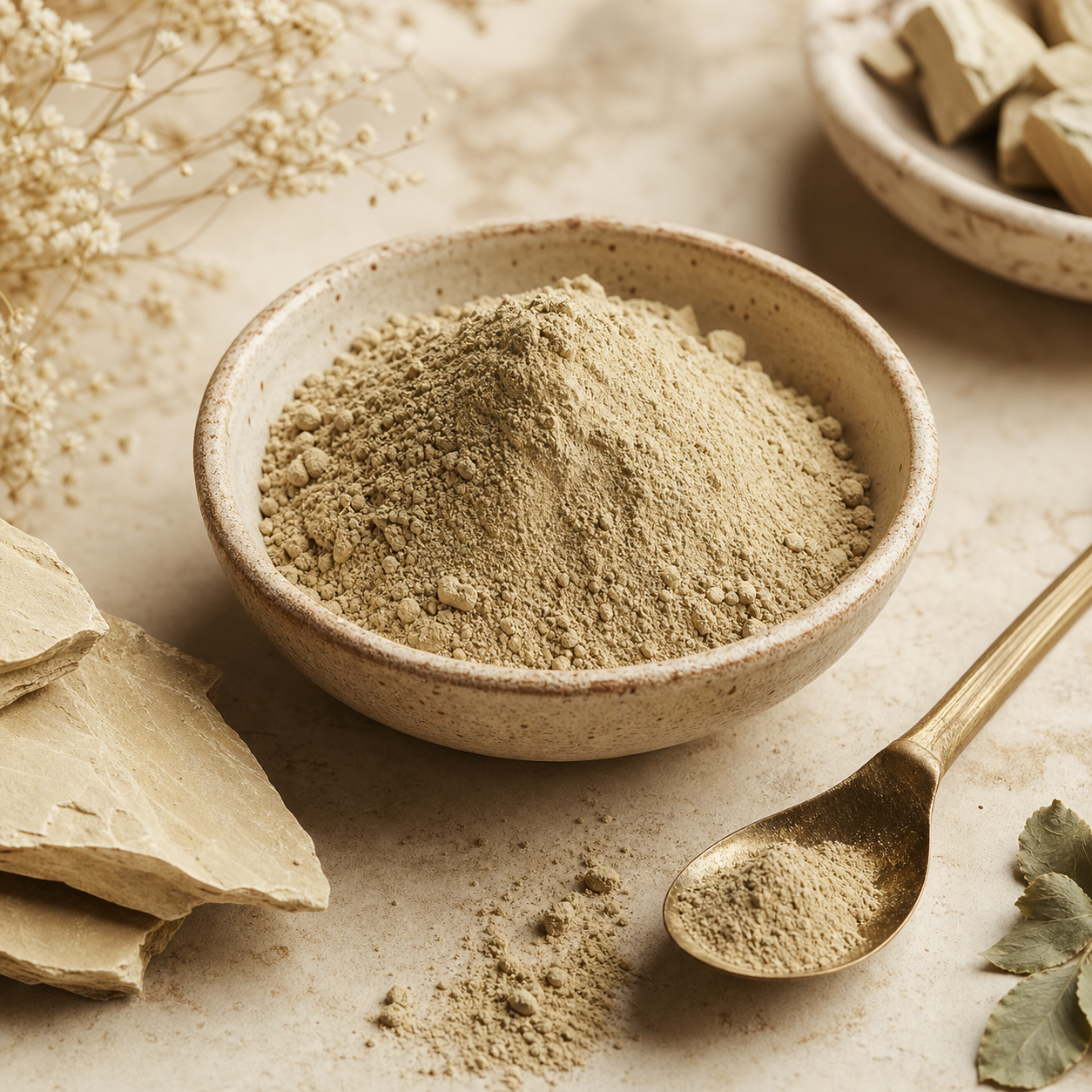 Multani Mitti clay powder in a ceramic bowl with a brass spoon