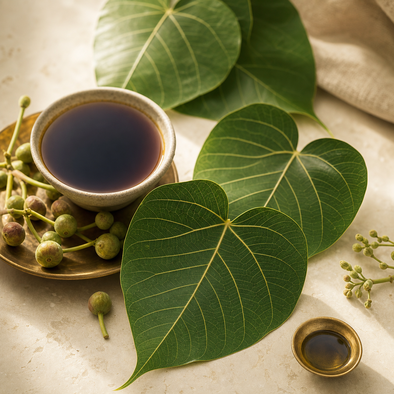 Heart-shaped peepal leaves with botanical infusion